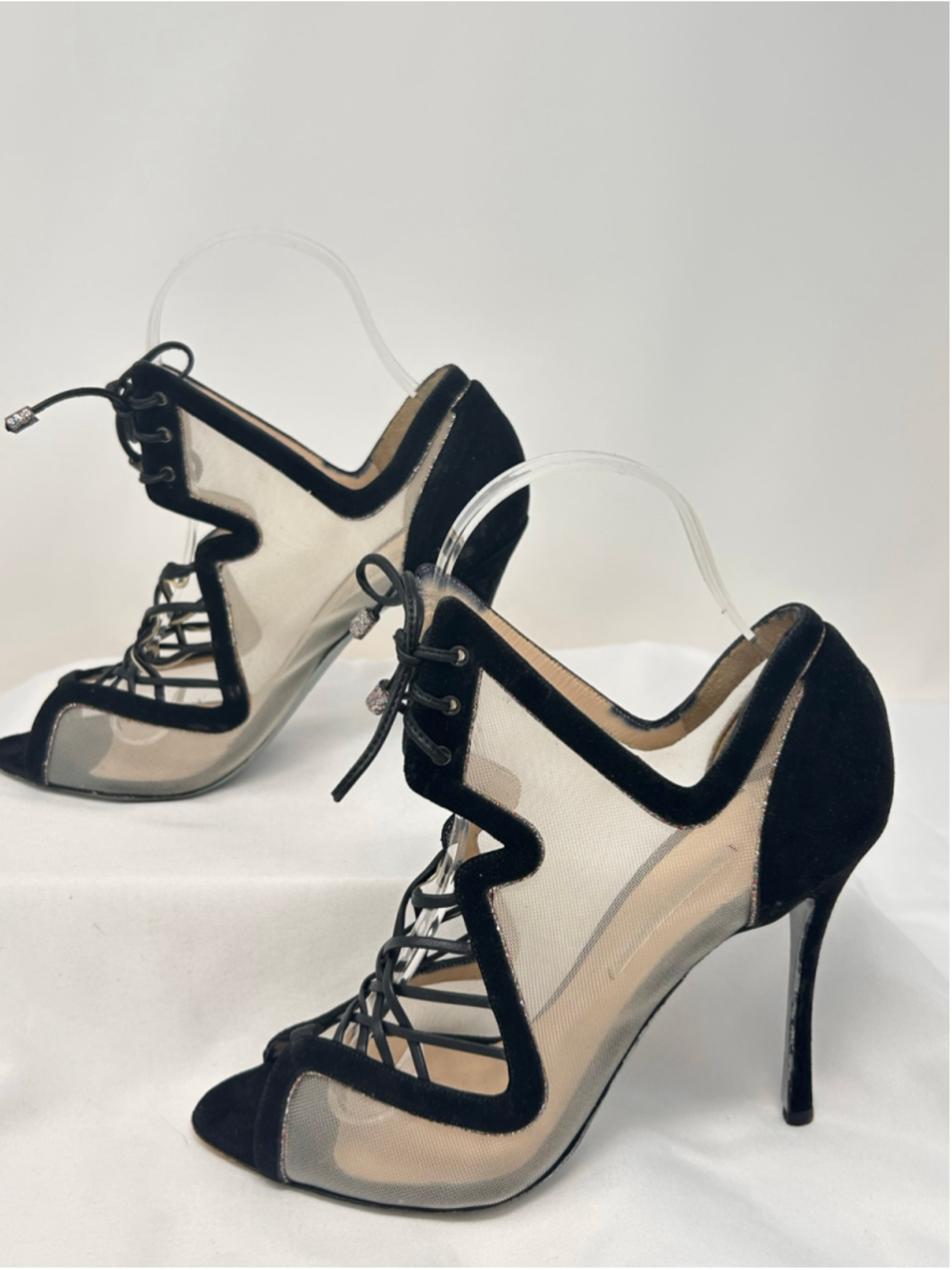 Nicholas Kirkwood Ava Black Suede & Mesh Lace-Up Sandals Heels 37